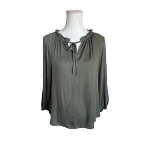 LOFT Green Tie Neck Blouse Women’s Small Long Sleeve Ruffle Neck Relaxed Fit